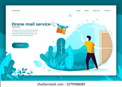 Vector concept illustration - drone mail service, man waiting for his parcel. Modern bright banner, site template with place for your text.