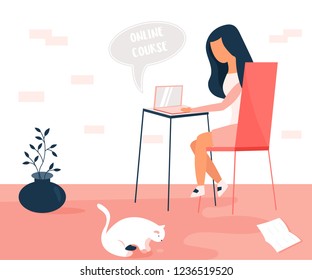 Vector concept illustration for e-learning, online courses, virtual classroom and other educational process. Young girl studying online at home.