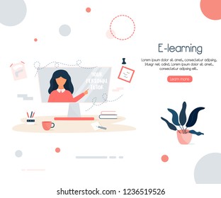 Vector concept illustration for e-learning, online courses, virtual classroom and other educational process. Personal online tutor mentoring. Landing page template. Home schooling illustration