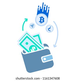 Vector concept illustration exchange virtual money, digital bitcoin wallet. Crypto wallet, banking in flat style. Bitcoins and dollars