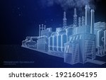 Vector concept illustration of a factory on a dark blue background, a symbol of industry, engineering, and manufacturing.