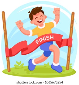 Vector concept illustration, finishing runner in modern flat style. Happy boy character, with raised hands, crossed the finish line first. Smiling, happy, success and winner.