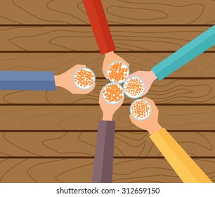  Vector Concept Illustration. Five Hands Holding Beers Making A Toast 