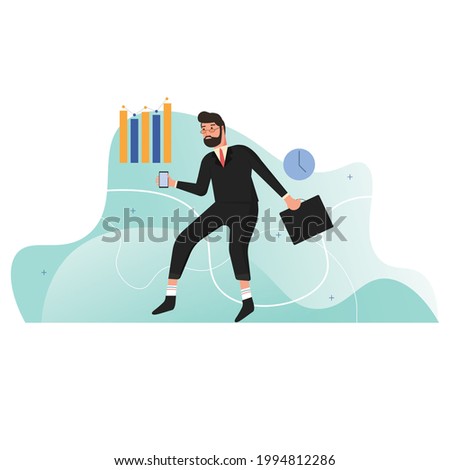 Vector concept illustration with flat man in a hurry to go to work. Landing page is good for hardworking, office worker lifestyle.