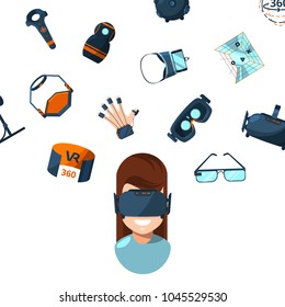 Vector concept illustration with flat style virtual reality elements and woman person in VR glasses