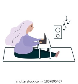 vector concept illustration in flat style. freelance, remote work, work at home. The girl is sitting at a laptop and listening to music.