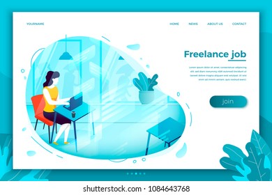 Vector concept illustration -  freelancer girl with notebook, easely working in cafe. Modern bright banner, site template with place for your text.