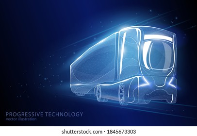 Vector concept illustration, futuristic truck, on a dark blue background a symbol of logistics, transportation and delivery of goods, parcels and supplies