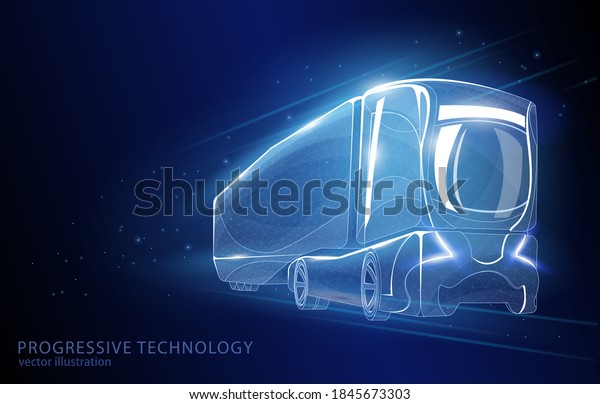 Vector concept illustration, futuristic\
truck, on a dark blue background a symbol of logistics,\
transportation and delivery of goods, parcels and\
supplies