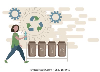 vector concept illustration of garbage sorting. the girl throws a plastic bottle into a trash container. conscious consumption, environmental protection.