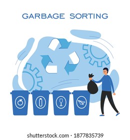 vector concept illustration of garbage sorting. flat illustration with a man throwing out garbage. conscious consumption and care for the environment.