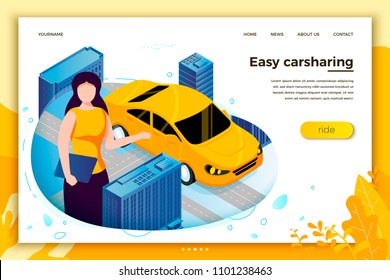 Vector concept illustration -  girl manager with notebook offering car share service. Modern bright banner, site template with place for your text.