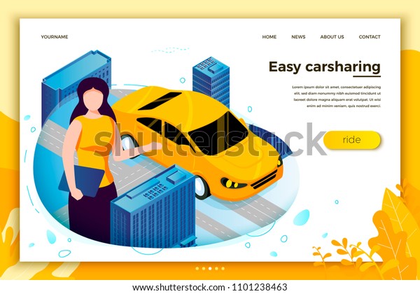 Vector concept illustration -  girl manager
with notebook offering car share service. Modern bright banner,
site template with place for your
text.