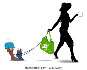 vector concept illustration of girl taking her fashion stuff on the leash, raster version available