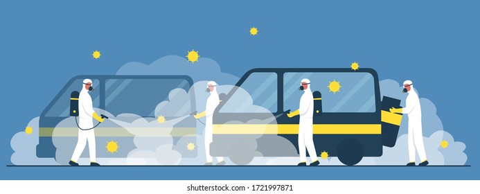 Vector concept illustration of a group of people wearing protective suits and masks disinfecting vehicles. It represents a concept of cleaning and coronavirus protection