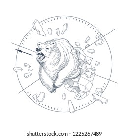 Vector concept illustration with hand drawn bear in abstract geometric shapes, angry wild beast. Decorative graphic emblem with grizzly for t-shirt prints, symbol for hunting or tourism club