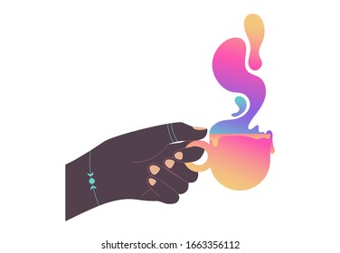 Vector concept illustration with hand holding a cup in bright liquid gradient. Trendy vector illustration.