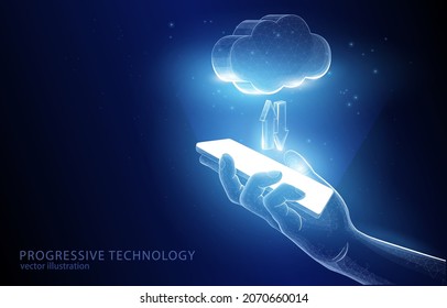 

Vector concept illustration of a hand holding a smartphone on a 3d hologram showing cloud data storage, on a dark blue background, a symbol of internet technologies data.