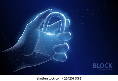 Vector concept illustration of a hand holding a closed padlock on a dark blue background, a symbol of the prohibition of restrictions, locks to protect the security of property or personal data.