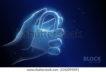 Vector concept illustration of a hand holding a closed padlock on a dark blue background, a symbol of the prohibition of restrictions, locks to protect the security of property or personal data.