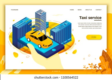 Vector concept illustration -  hand with mobile phone, searching for taxi. Modern bright banner, site template with place for your text.