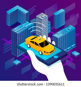 Vector concept illustration - hand with phone, calling taxi cab. Modern bright banner template with place for your text.