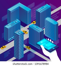 Vector concept illustration - hand with phone, calling taxi cab. Modern bright banner template with place for your text.