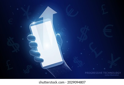 
Vector concept illustration of a hand with a smartphone with a finance growth arrow with a dark blue background and signs of currencies, business, money, technology.