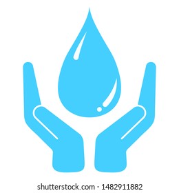 Vector concept illustration of hands holding water drop isolated on white background. Save water icon. Eco logo template. Blue color invironmental protection simple sign. 