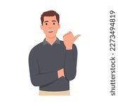 Vector concept illustration Handsome Businessman showing and pointing fingers upper left and right corner with happy expression advices use this copy space.