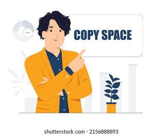 Vector concept illustration Handsome Businessman showing and pointing fingers upper left and right corner with happy expression advices use this copy space wisely flat cartoon style