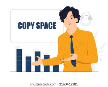 Vector concept illustration Handsome Businessman showing and pointing fingers upper left and right corner with happy expression advices use this copy space wisely flat cartoon style