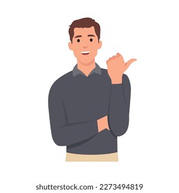 Vector concept illustration Handsome Businessman showing and pointing fingers upper left and right corner with happy expression advices use this copy space.