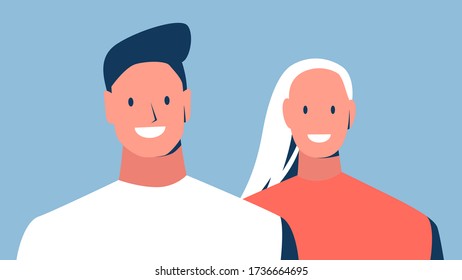 Vector concept illustration of happy smiling man and woman. Two people portraits. Young handsome beautiful male and female joufully smiling
