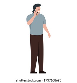 Ilustración conceptual vectorial del hombre sonriente feliz hablando por teléfono. Dibujo de caricaturas de largo recorrido del personaje masculino de pie. Hombre haciendo una llamada y teniendo una buena conversación en el teléfono móvil