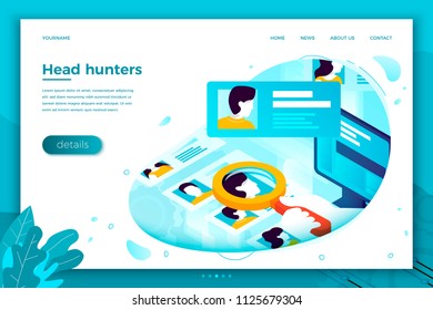 Vector concept illustration - Headhunting, hand with magnifier searching for employee. Modern bright banner, site template with place for your text.