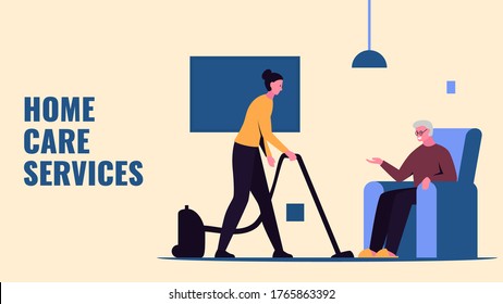 Vector concept illustration of a home care nurse vacuuming the room and an elderly man sitting in chair. It represents a concept of home care, help for the elderly people, house cleaning assistance
