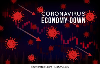 Vector concept illustration of impact of coronavirus on the stock exchange and global economy. Covid-19 virus causes market fall down. Background with candlestick stock charts, arrows and viruses.