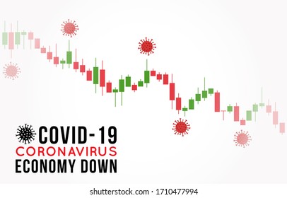 Ilustración conceptual del impacto del coronavirus en la bolsa y la economía global. El virus Covid-19 provoca una caída del mercado. Antecedentes con cartas de candlestick y virus.