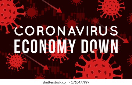 Vector concept illustration of impact of coronavirus on the stock exchange and global economy. Covid-19 virus causes market fall down. Background with candlestick stock charts and viruses.