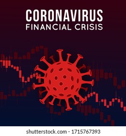 Vector concept illustration of impact of coronavirus on the stock exchange and global economy. Covid-19 virus causes market fall down. Background with candlestick stock charts and viruses.