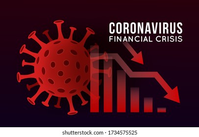 Vector concept illustration of impact of coronavirus on the stock exchange and global economy. Covid-19 virus causes market fall down. Background with candlestick stock charts, arrows and viruses.