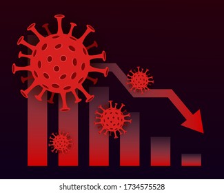Ilustración conceptual de vectores del impacto del coronavirus en la bolsa de valores y la economía global. El virus Covid-19 provoca una caída del mercado. Antecedentes con cartas de caracteres, flechas y virus.
