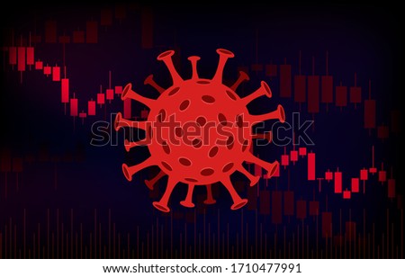 Vector concept illustration of impact of coronavirus on the stock exchange and global economy. Covid-19 virus causes market fall down. Background with candlestick stock charts and virus.