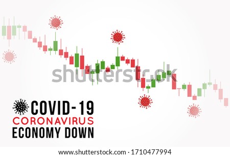 Vector concept illustration of impact of coronavirus on the stock exchange and global economy. Covid-19 virus causes market fall down. Background with candlestick stock charts and viruses.