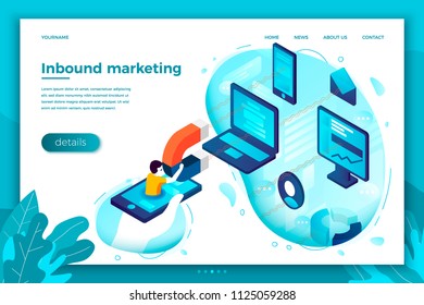 Ilustración de concepto vectorial - marketing entrante, hombre con imán. Banner brillante moderno, plantilla de sitio con lugar para el texto.