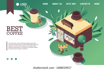 Vector concept illustration with isometric coffee shop store, cups and mugs, greenery and vivid gradients. Landing page or banner for cafe or bistro advertising, web promotion and website header