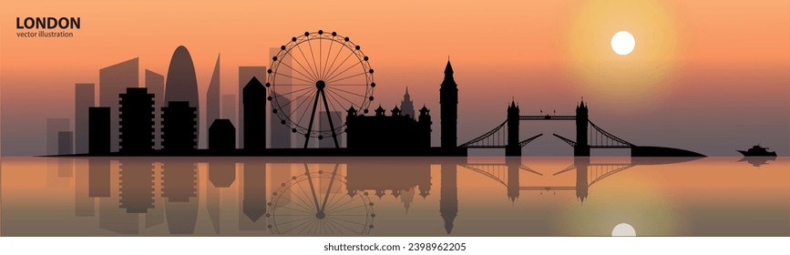 Vector concept illustration, London city under the sun, black silhouettes of architecture on the background of the river, landmarks, symbols, tourism, travel.