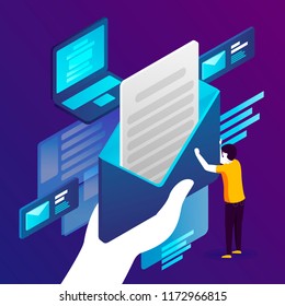 Vector concept illustration - mailing service, man holding open letter. Modern bright banner template with place for your text.