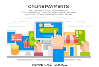 vector concept illustration of making online payment via internet services. E-commerce concept for web banners, printed materials. flat design illustration concepts shopping online and payment online